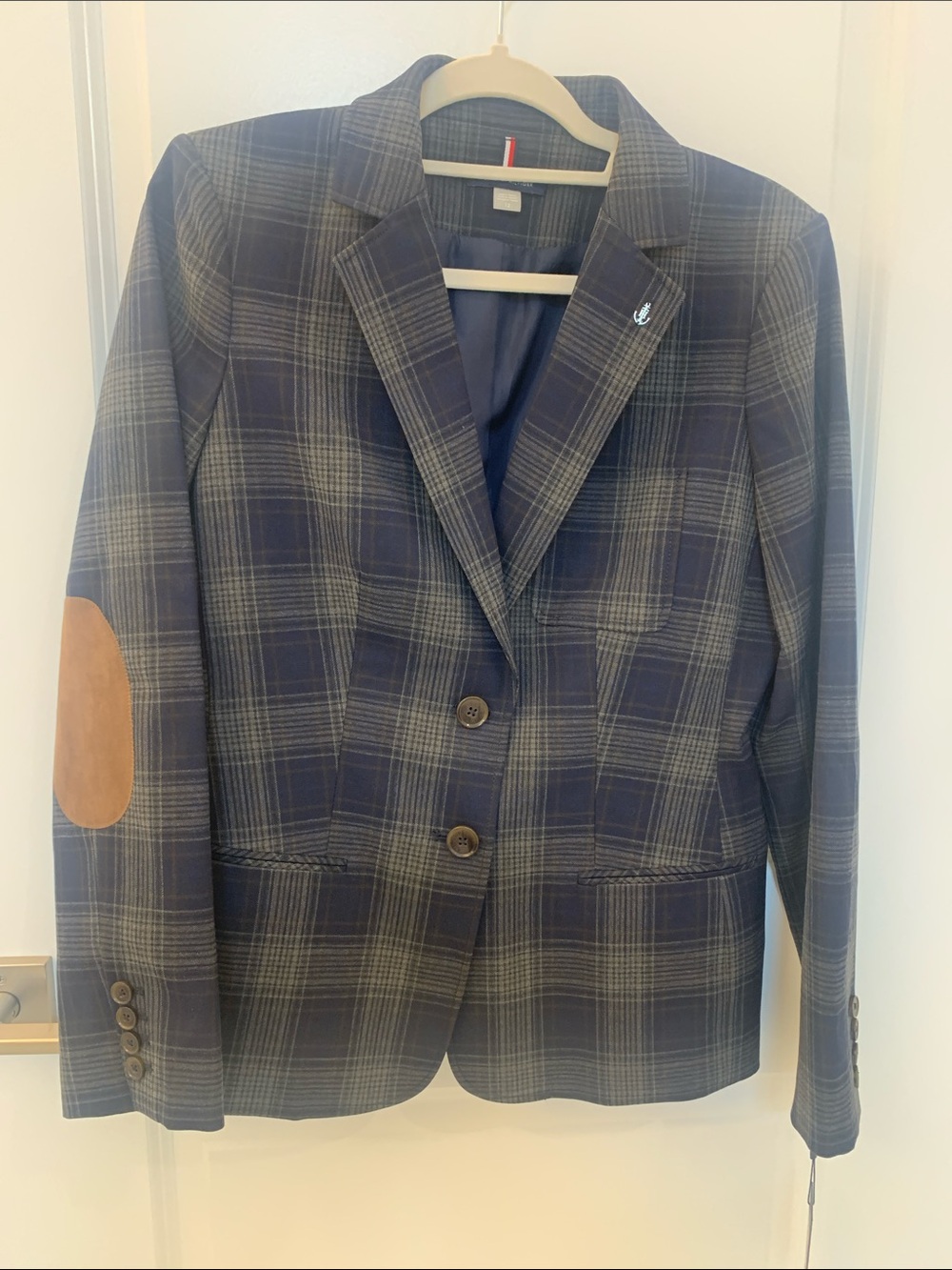Tommy Hilfiger Navy Plaid Sport Coat with Tan Elbow Patches
